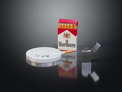 Marlboro Cigarette Pack Ashtray And Lighter Displayed On Black Reflective Surface 3d model