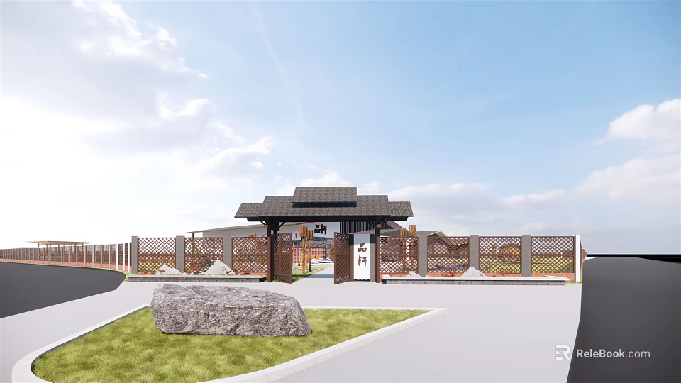 Traditional Style Entrance Gate With Black Roof Pavilion Structure Surrounding Fence Lawn And Large Rock 3d model 