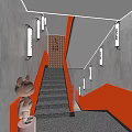 Stylish Staircase With Orange Side Gray Steps LED Strip Lights And White Wall Lamps