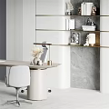 Modern Desk And Chair Set With Wooden Tabletop Cylindrical Legs Gray Office Chair And Bookshelves