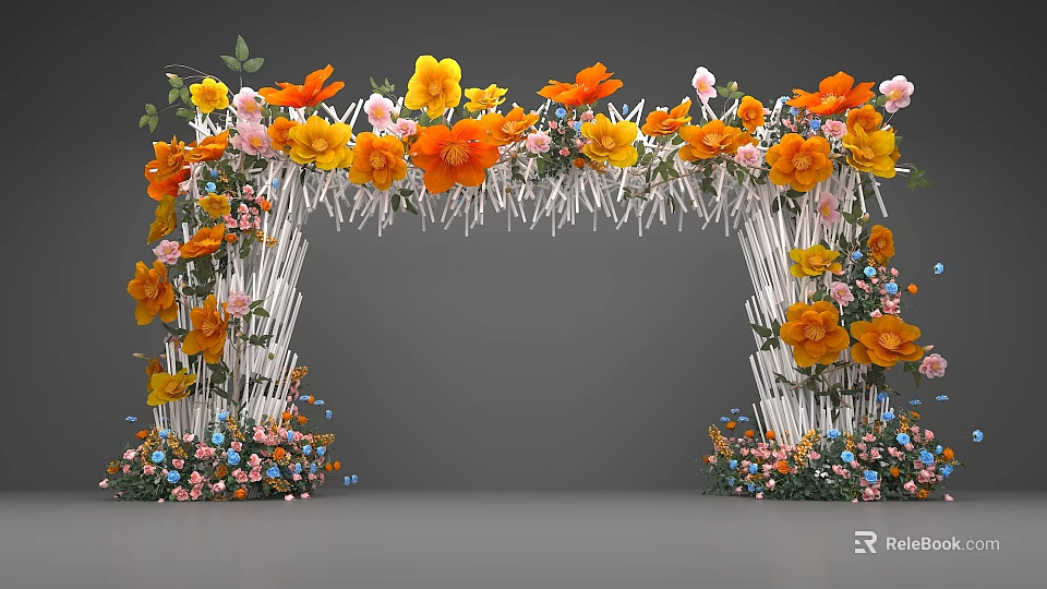Decorative Flower Arch With Yellow Orange Blooms White Poles And Colorful Small Flowers At Base 3d model 
