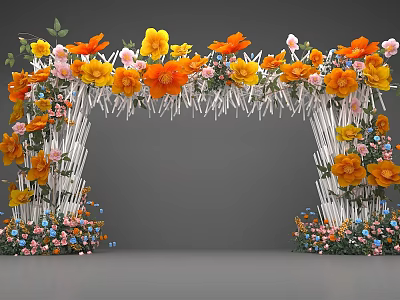 Decorative Flower Arch With Yellow Orange Blooms White Poles And Colorful Small Flowers At Base 3d model