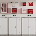 Fire Safety Equipment Mounted on Wall with Extinguishers Hoses Smoke Detectors and White Fire Doors