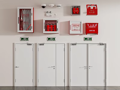 Fire Safety Equipment Mounted on Wall with Extinguishers Hoses Smoke Detectors and White Fire Doors 3d model