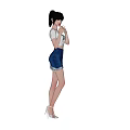 Woman With Short Hair Wearing White T-shirt And Blue Denim Shorts Standing In High Heels