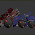 Futuristic Red And Blue Mechanical Vehicle With Multiple Cannons Large Wheels And Red Glowing Accents