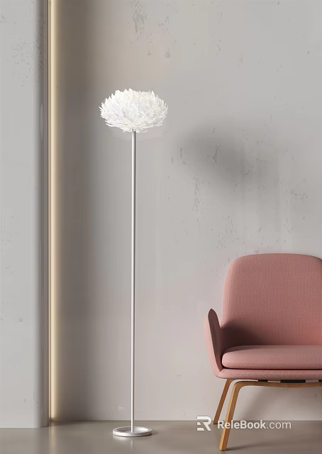 Modern White Lampshade Floor Lamp With Silver Pole And Pink Chair Against Gray Wall 3d model 