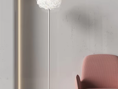 Modern White Lampshade Floor Lamp With Silver Pole And Pink Chair Against Gray Wall 3d model
