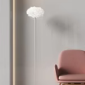 Modern White Lampshade Floor Lamp With Silver Pole And Pink Chair Against Gray Wall
