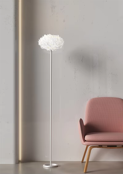 Modern White Lampshade Floor Lamp With Silver Pole And Pink Chair Against Gray Wall 3d model