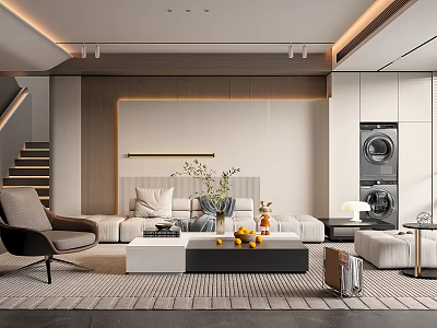 Modern Living Room Interior Design With Sofa Coffee Table Staircase And Wall Paneling 3d model