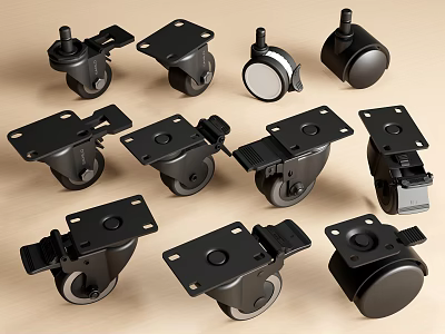 Various Black Casters With Different Designs Displayed 3d model