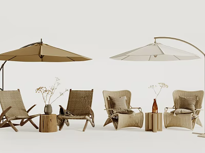 Elegant Outdoor Table Setup With Wicker Chairs Brown White Sun Umbrellas And Decorative Vases 3d model