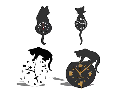 Cat Shaped Wall Clocks With Silhouette Design And Various Clock Faces 3d model
