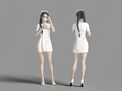 Woman In White Nurse Uniform With Braided Pigtails Front And Back Views In Heels 3d model