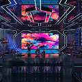 Neon Lit KTV Lounge Interior With Colorful LED Screens Comfortable Sofas And Drinks