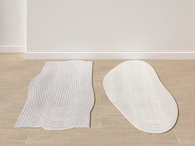 White Shaped Rugs With Knitted Texture And Irregular Oval Shapes On Wooden Floor 3d model