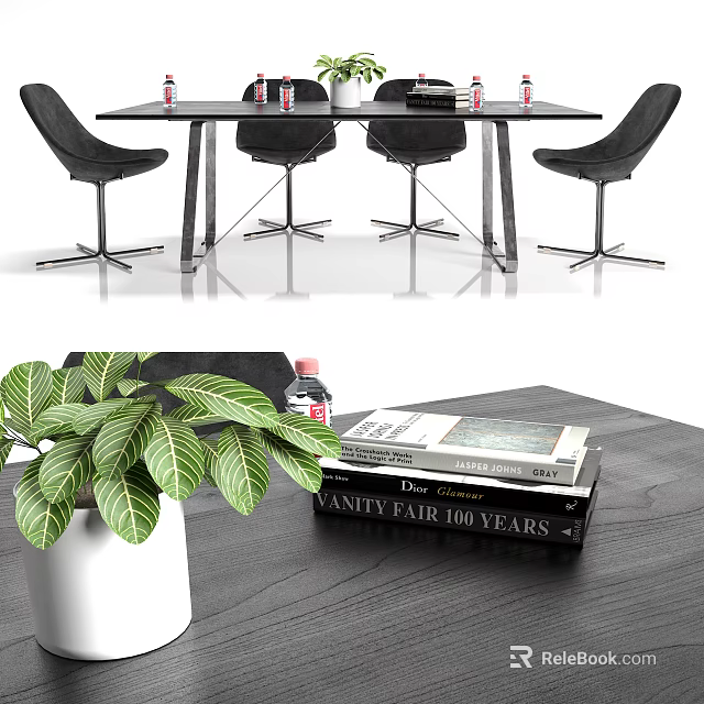 Modern Conference Table With Black Chairs Green Plant And Stacked Books On Wooden Surface 3d model 