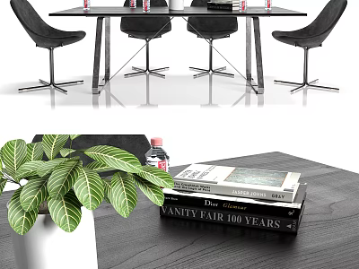 Modern Conference Table With Black Chairs Green Plant And Stacked Books On Wooden Surface 3d model