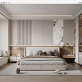Modern Bedroom Interior Design With Striped Headboard Wall Marble Decor And Wooden Flooring