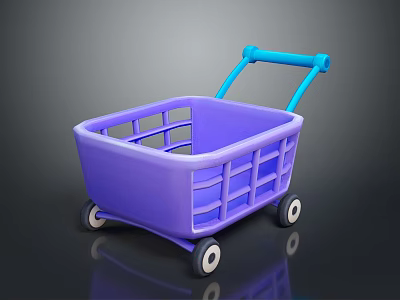 Purple Plastic Shopping Cart With Blue Handle And Four Small Wheels 3d model