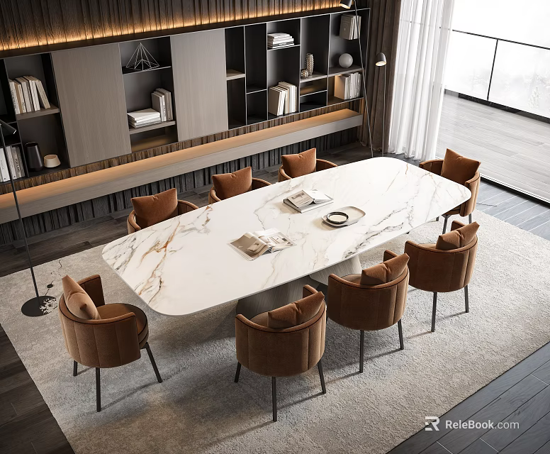 Elegant Modern Dining Table Set With Marble Top And Brown Chairs On Beige Rug 3d model 