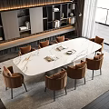 Elegant Modern Dining Table Set With Marble Top And Brown Chairs On Beige Rug
