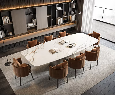 Elegant Modern Dining Table Set With Marble Top And Brown Chairs On Beige Rug 3d model