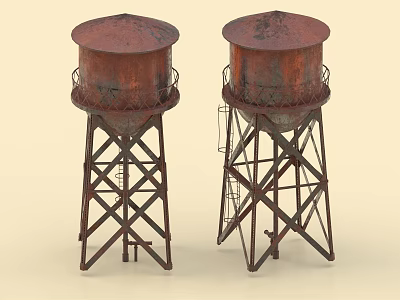 Tall Rusty Industrial Water Towers With Metal Support Frames And Ladders 3d model
