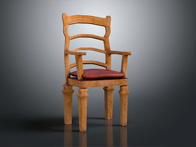Classic Wooden Leisure Chair With Curved Backrest Armrests And Red Padded Seat 3d model