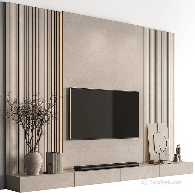 Modern Minimalist TV Wall Design With Vertical Paneling Mounted TV And Decorative Items On Console 3d model 