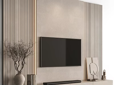 Modern Minimalist TV Wall Design With Vertical Paneling Mounted TV And Decorative Items On Console 3d model