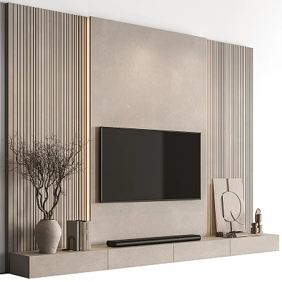 Modern Minimalist TV Wall Design With Vertical Paneling Mounted TV And Decorative Items On Console 3d model