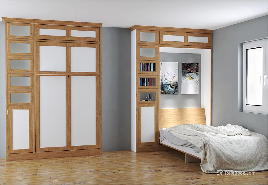 Cozy Bedroom Interior With Wooden Wardrobes Bookshelves Paintings Gray Walls And Wooden Flooring 3d model 