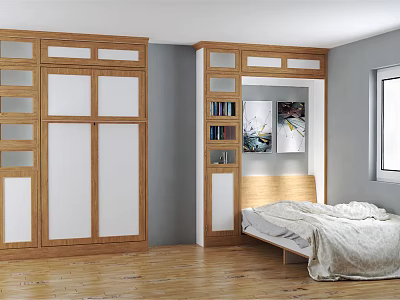 Cozy Bedroom Interior With Wooden Wardrobes Bookshelves Paintings Gray Walls And Wooden Flooring 3d model