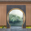 Elegant Modern Elevator Hallway Featuring Wooden Panels Circular Arch And Green Plants 3d model