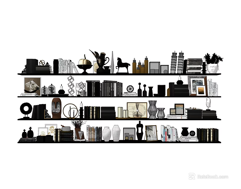 Stylish Decorative Ornament Collection with Books Sculptures Vases and Frames on Shelves 3d model 