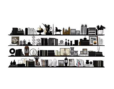 Stylish Decorative Ornament Collection with Books Sculptures Vases and Frames on Shelves 3d model