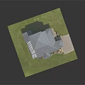 Detached Villa With Gray Roof Glass Covered Porch Green Lawn Flower Bushes And Driveway