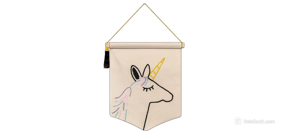 Decorative Unicorn Canvas Wall Hanging With Yellow Horn Pastel Mane Black Tassel And Golden Rope 3d model 