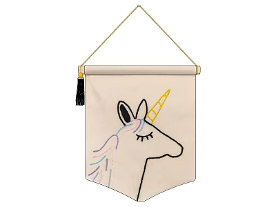 Decorative Unicorn Canvas Wall Hanging With Yellow Horn Pastel Mane Black Tassel And Golden Rope 3d model