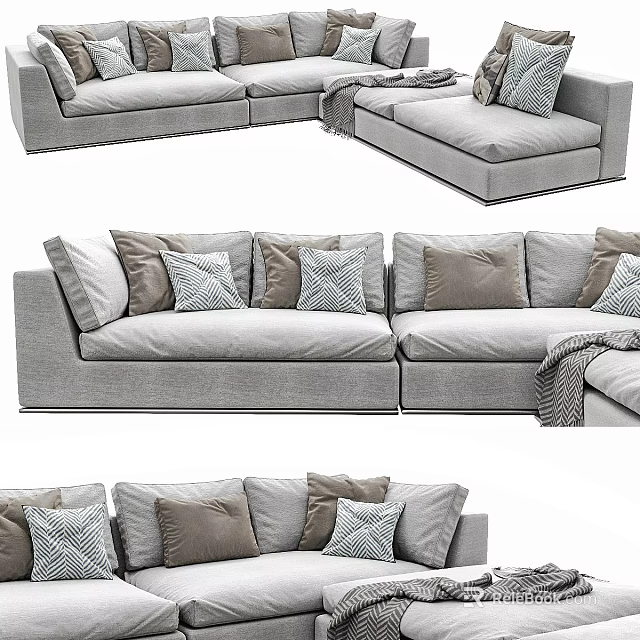 Modern Gray Sectional Sofa With Multiple Soft Throw Pillows And Cozy Blanket 3d model