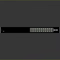 Black Network Switch With Multiple Ports And Metal Brackets On Sleek Surface