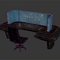 Futuristic Control Desk With Blue Illuminated Panels And Ergonomic Chair