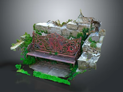 Outdoor Iron Bench With Carved Design Stone Structure And Green Mossy Surroundings 3d model