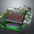 Outdoor Iron Bench With Carved Design Stone Structure And Green Mossy Surroundings