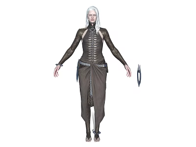 White Haired Fantasy Character in Dark Metallic Outfit with Blue Ring Shaped Items 3d model
