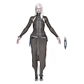 White Haired Fantasy Character in Dark Metallic Outfit with Blue Ring Shaped Items