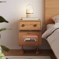 Natural Wood Two Tier Bedside Table With Lamp And Book Next To Wooden Bedroom Bed