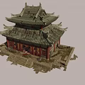 Double Eaved Traditional Chinese Ancient Architecture With Green Tiled Roof Red Structure And Stone Steps